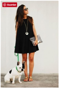 Garota com um vestido trapézio preto, com bolsa de mão prata e um cachorro ao chão.